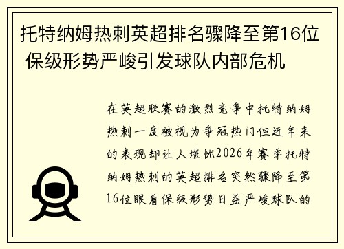 托特纳姆热刺英超排名骤降至第16位 保级形势严峻引发球队内部危机